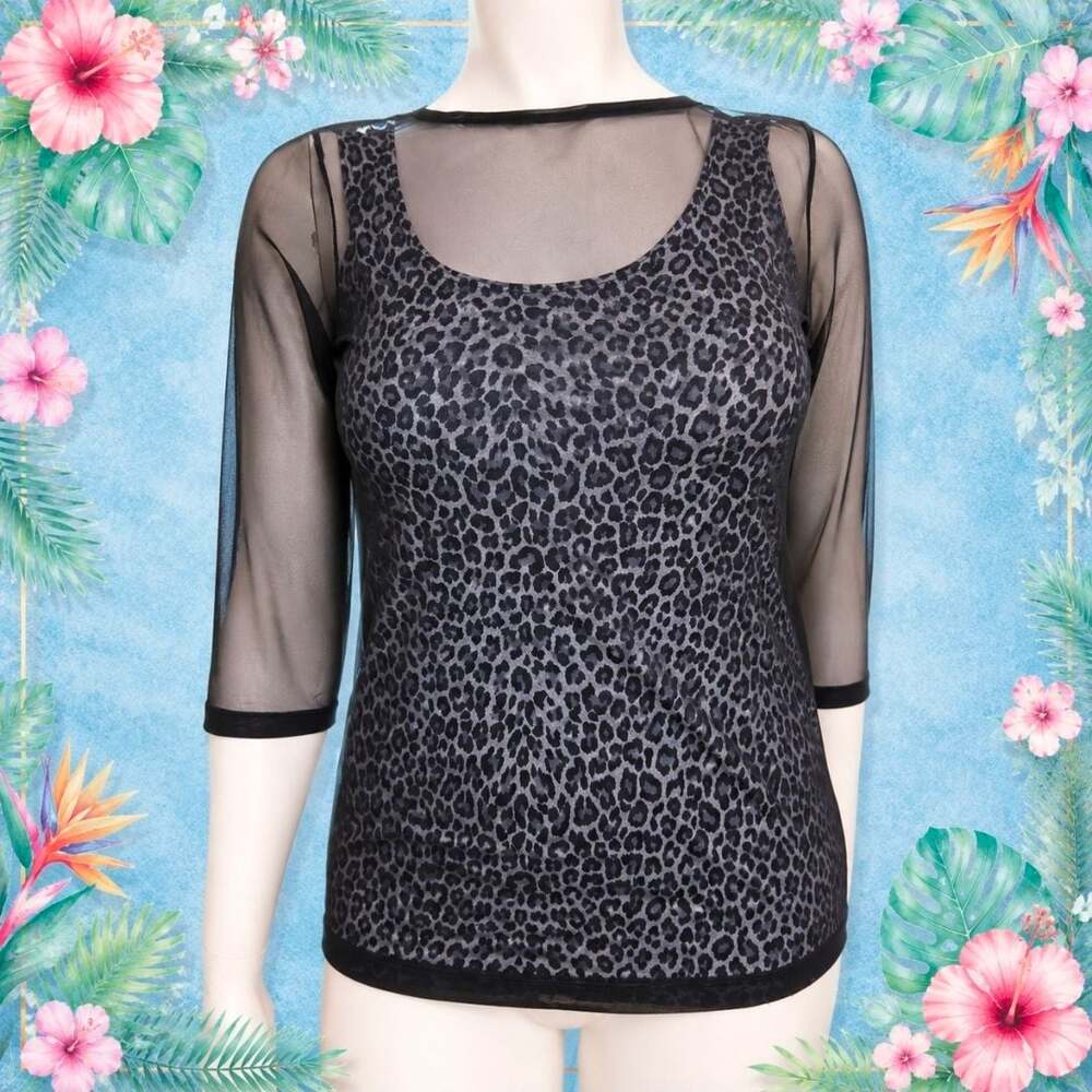 Allison Taylor Black Grey Leopard Print Sheer Mesh Layered Top Shirt M